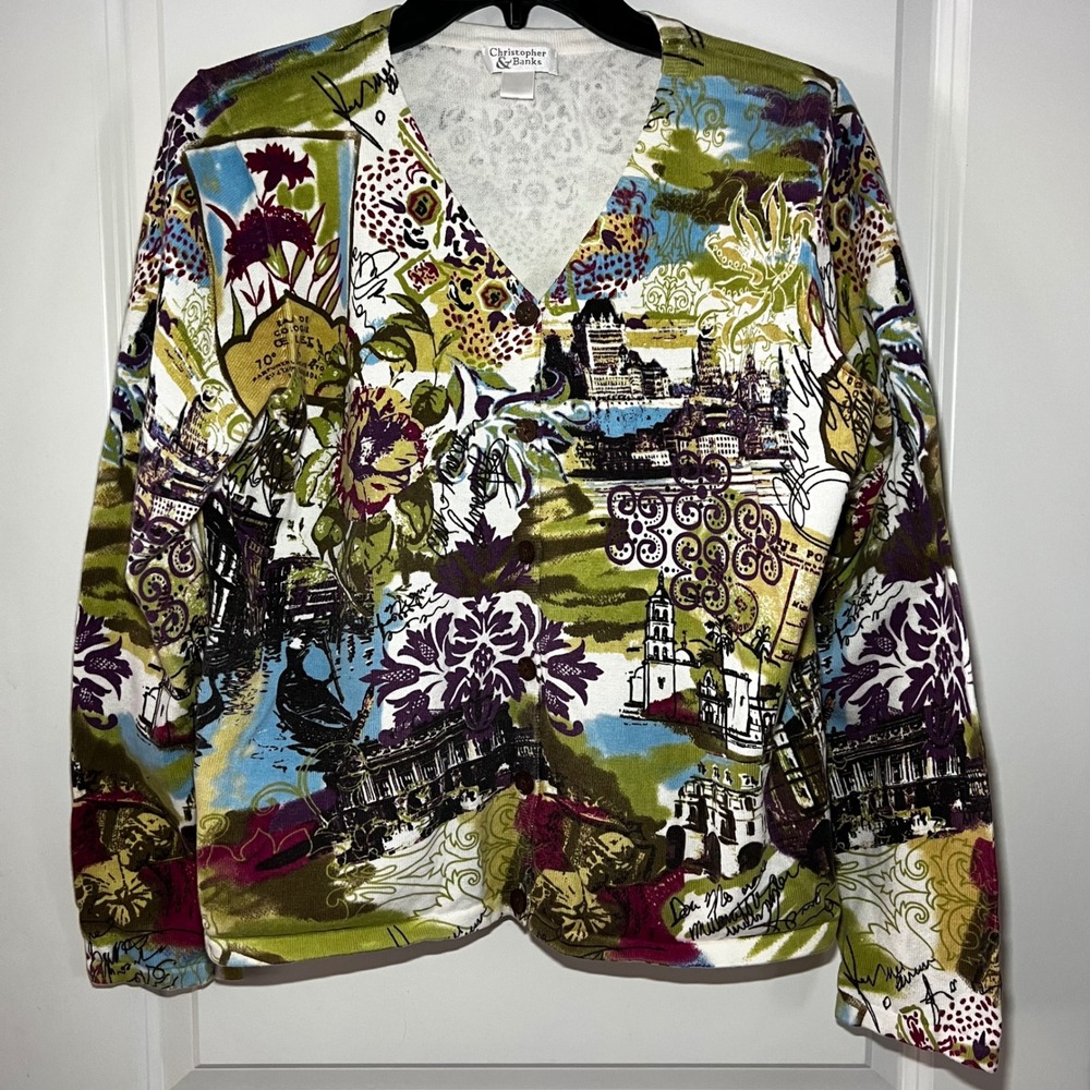 Christopher & Banks Women's Art Scenic Print Button Front Cardigan Sweater S Med